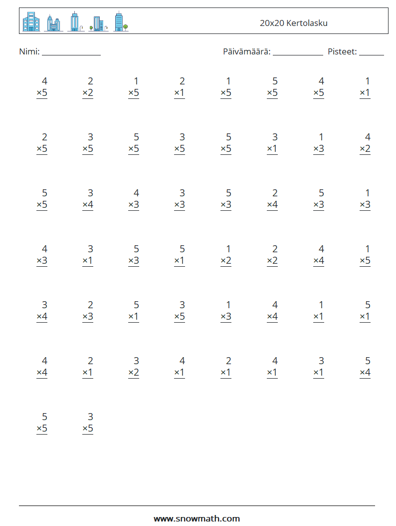 (50) 20x20 Kertolasku Matematiikan laskentataulukot 5