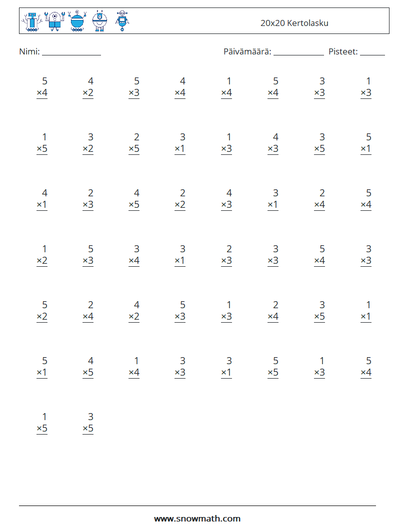 (50) 20x20 Kertolasku Matematiikan laskentataulukot 8