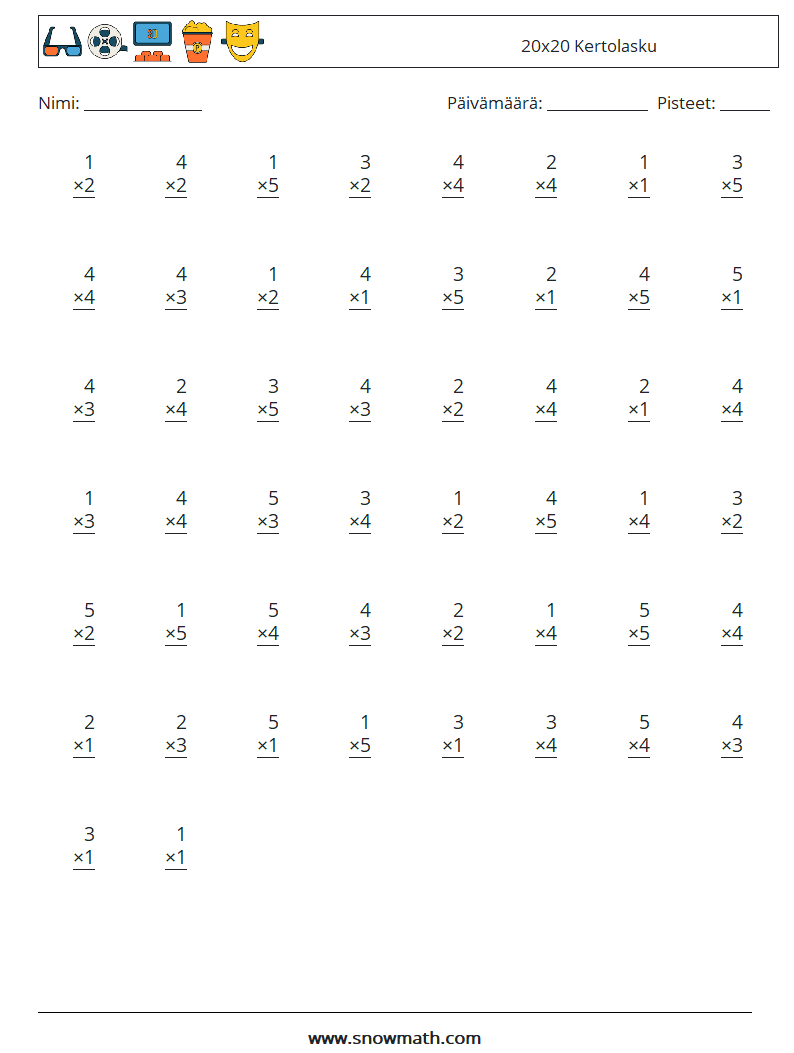 (50) 20x20 Kertolasku Matematiikan laskentataulukot 9