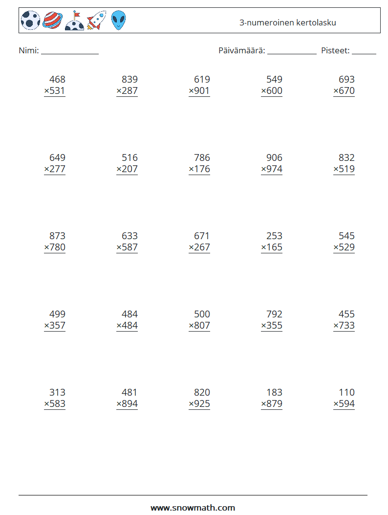 (25) 3-numeroinen kertolasku Matematiikan laskentataulukot 10