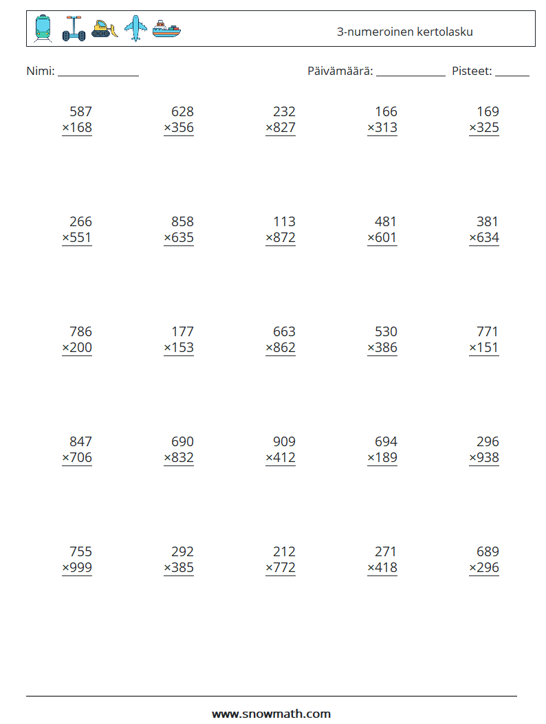 (25) 3-numeroinen kertolasku Matematiikan laskentataulukot 11