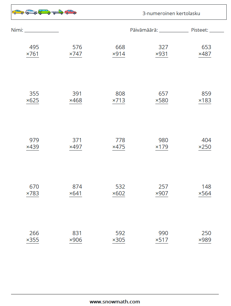 (25) 3-numeroinen kertolasku Matematiikan laskentataulukot 12