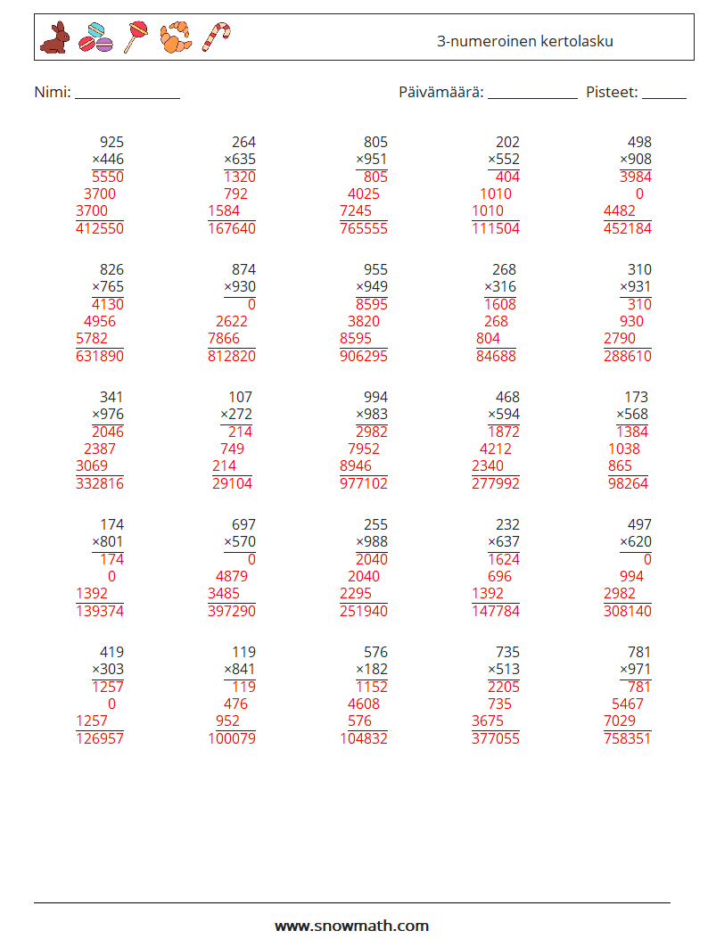 (25) 3-numeroinen kertolasku Matematiikan laskentataulukot 13 Kysymys, vastaus