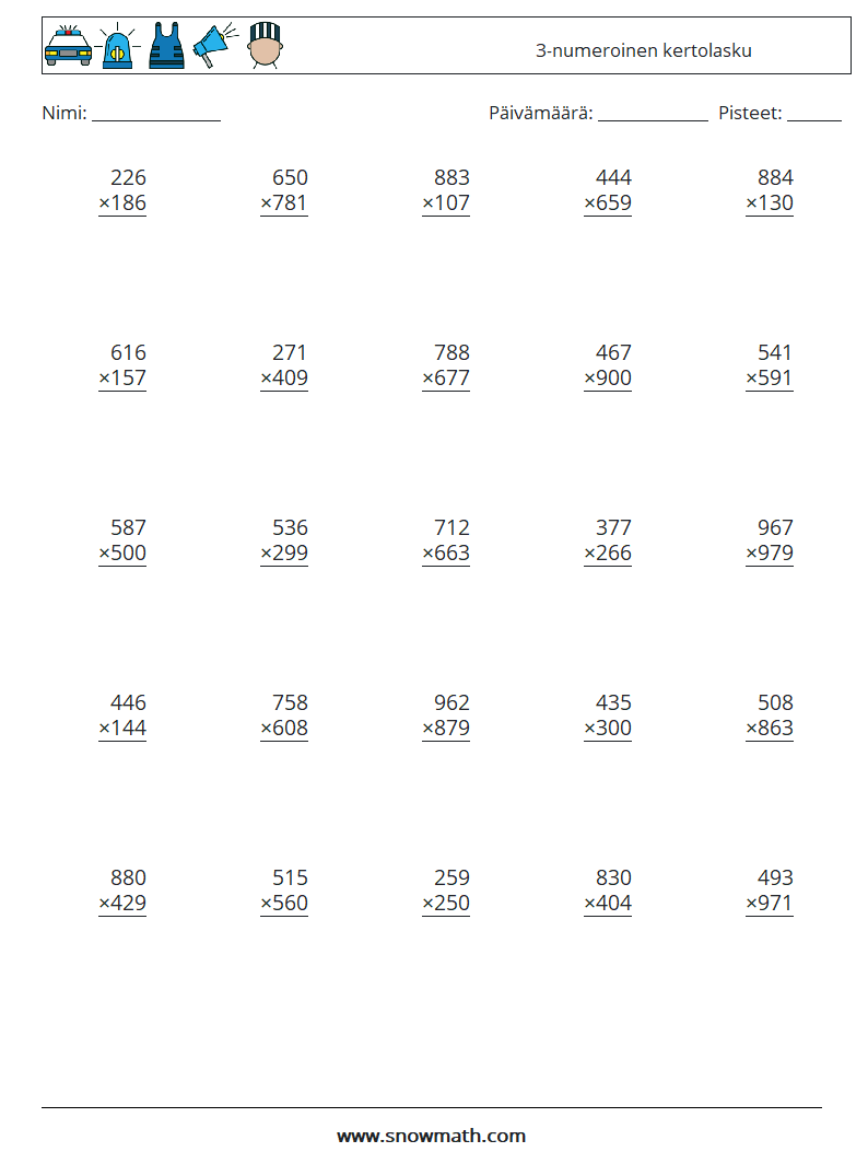 (25) 3-numeroinen kertolasku Matematiikan laskentataulukot 15