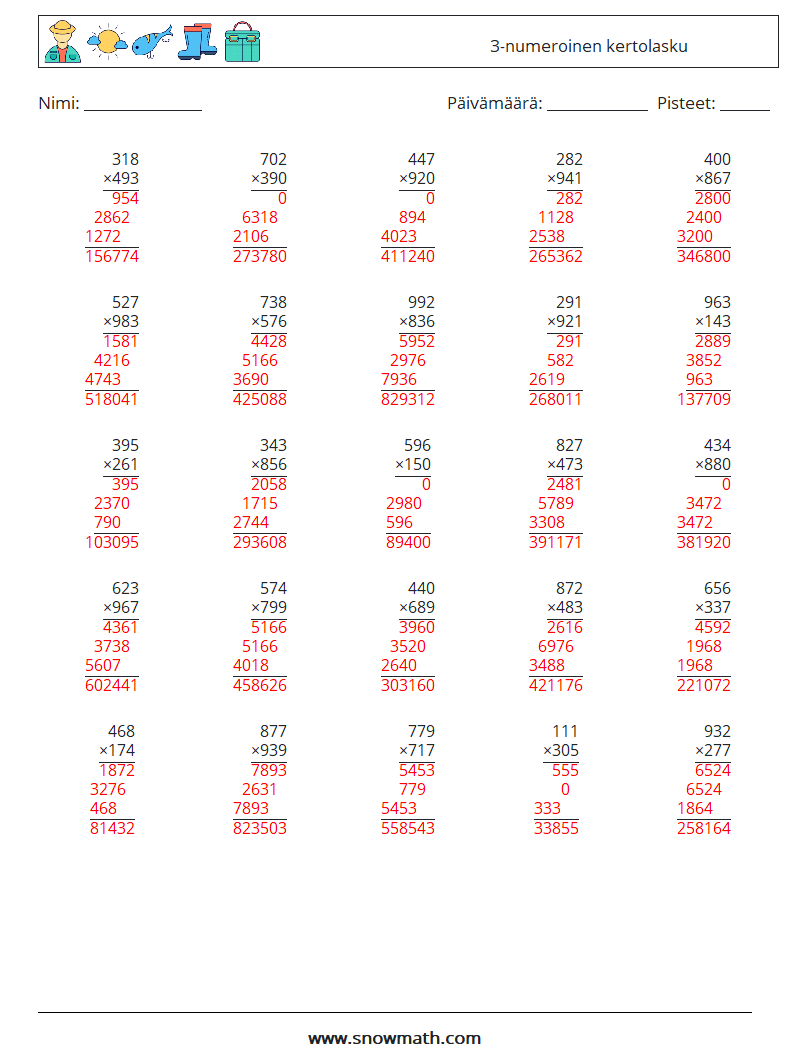 (25) 3-numeroinen kertolasku Matematiikan laskentataulukot 16 Kysymys, vastaus