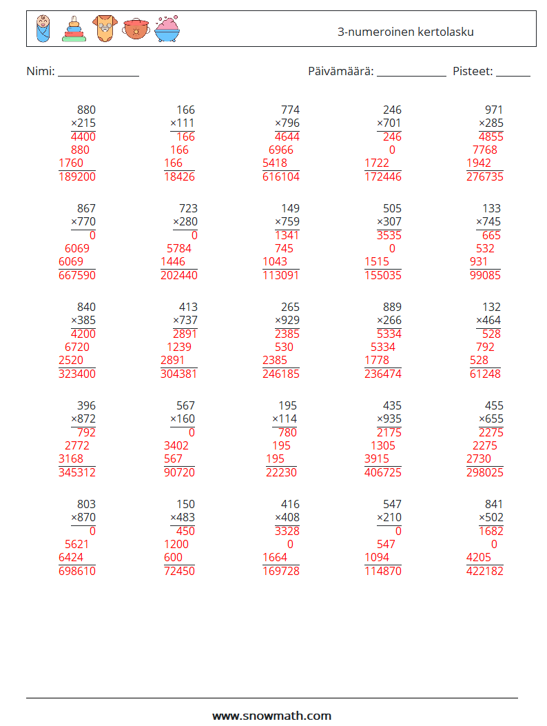 (25) 3-numeroinen kertolasku Matematiikan laskentataulukot 18 Kysymys, vastaus