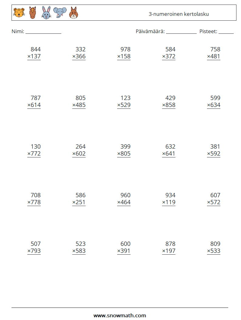 (25) 3-numeroinen kertolasku Matematiikan laskentataulukot 7