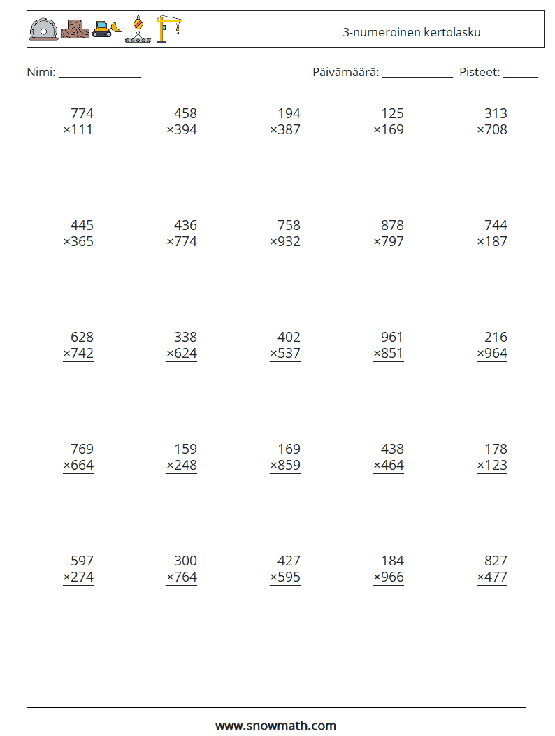 (25) 3-numeroinen kertolasku Matematiikan laskentataulukot 9