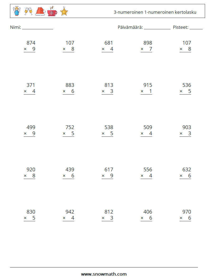 (25) 3-numeroinen 1-numeroinen kertolasku Matematiikan laskentataulukot 11