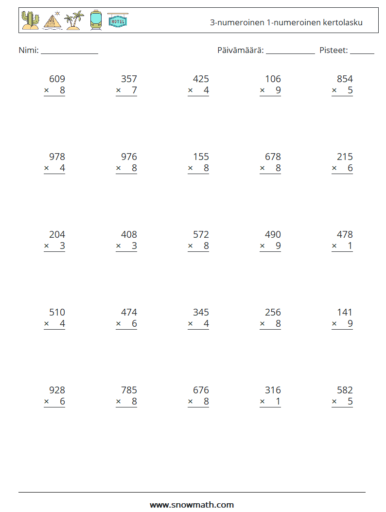 (25) 3-numeroinen 1-numeroinen kertolasku Matematiikan laskentataulukot 14