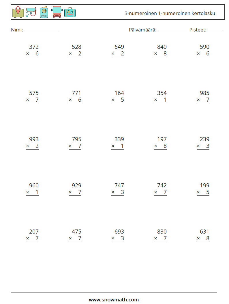 (25) 3-numeroinen 1-numeroinen kertolasku Matematiikan laskentataulukot 15