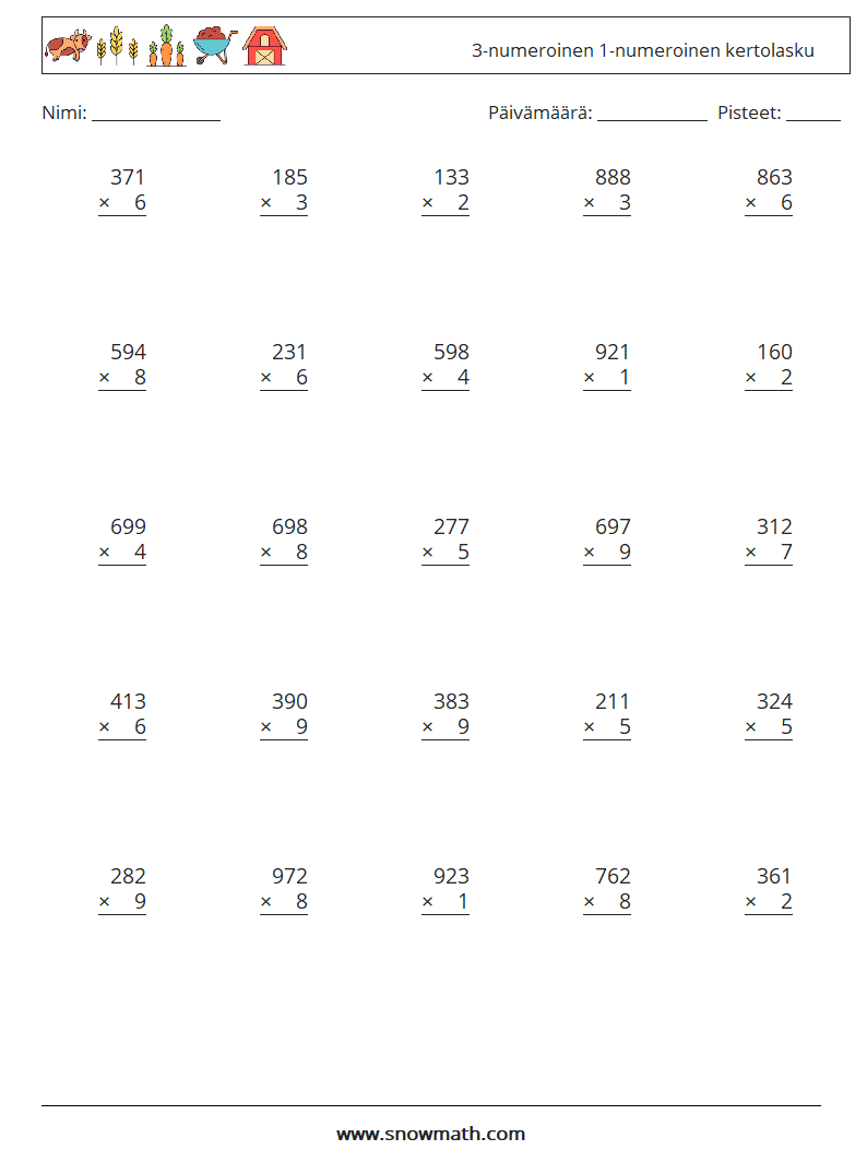 (25) 3-numeroinen 1-numeroinen kertolasku Matematiikan laskentataulukot 16