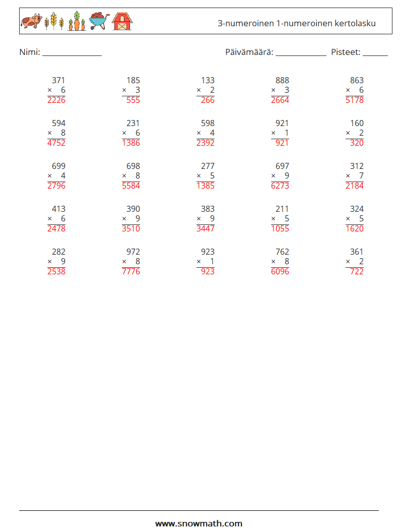 (25) 3-numeroinen 1-numeroinen kertolasku Matematiikan laskentataulukot 16 Kysymys, vastaus