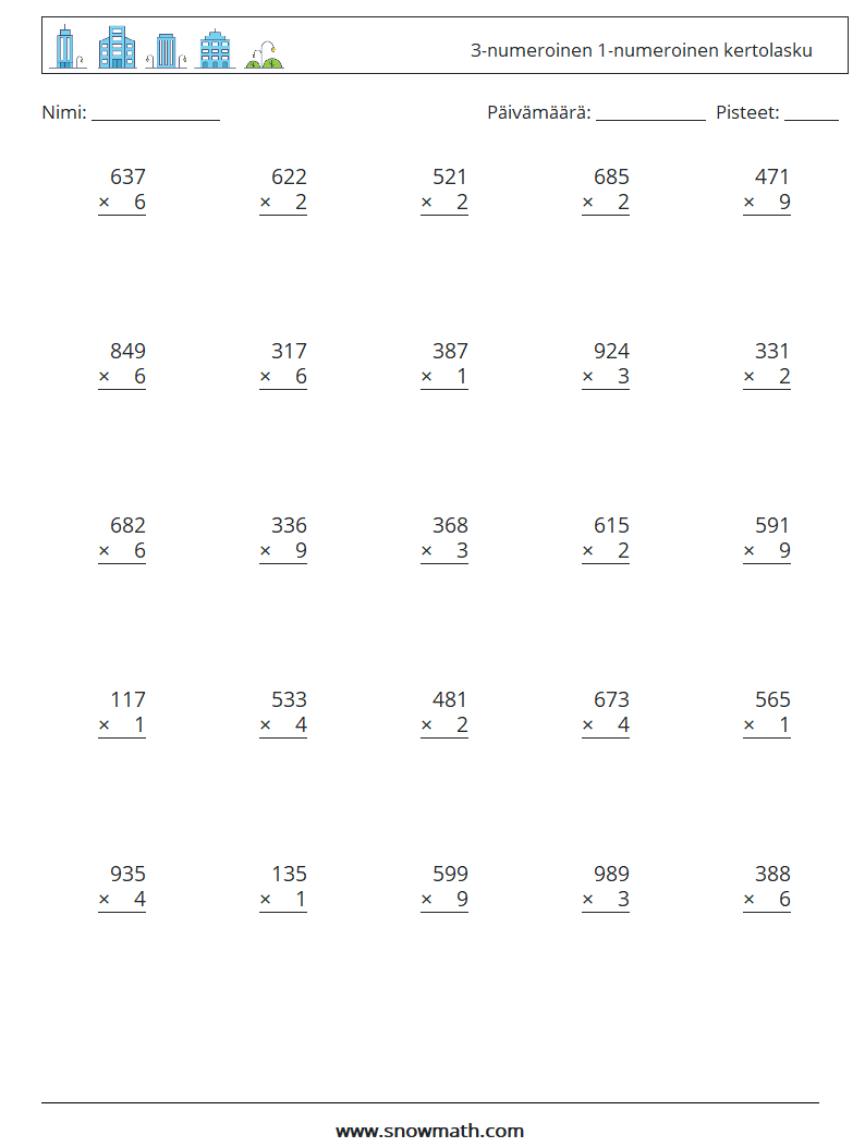 (25) 3-numeroinen 1-numeroinen kertolasku Matematiikan laskentataulukot 17
