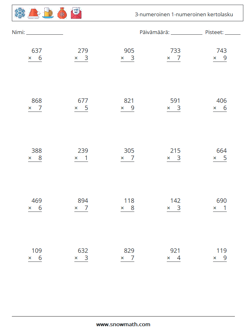 (25) 3-numeroinen 1-numeroinen kertolasku Matematiikan laskentataulukot 18