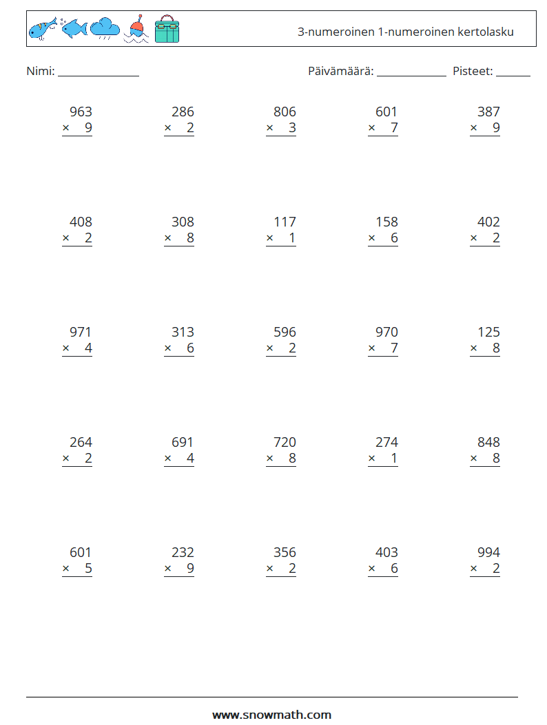 (25) 3-numeroinen 1-numeroinen kertolasku Matematiikan laskentataulukot 2