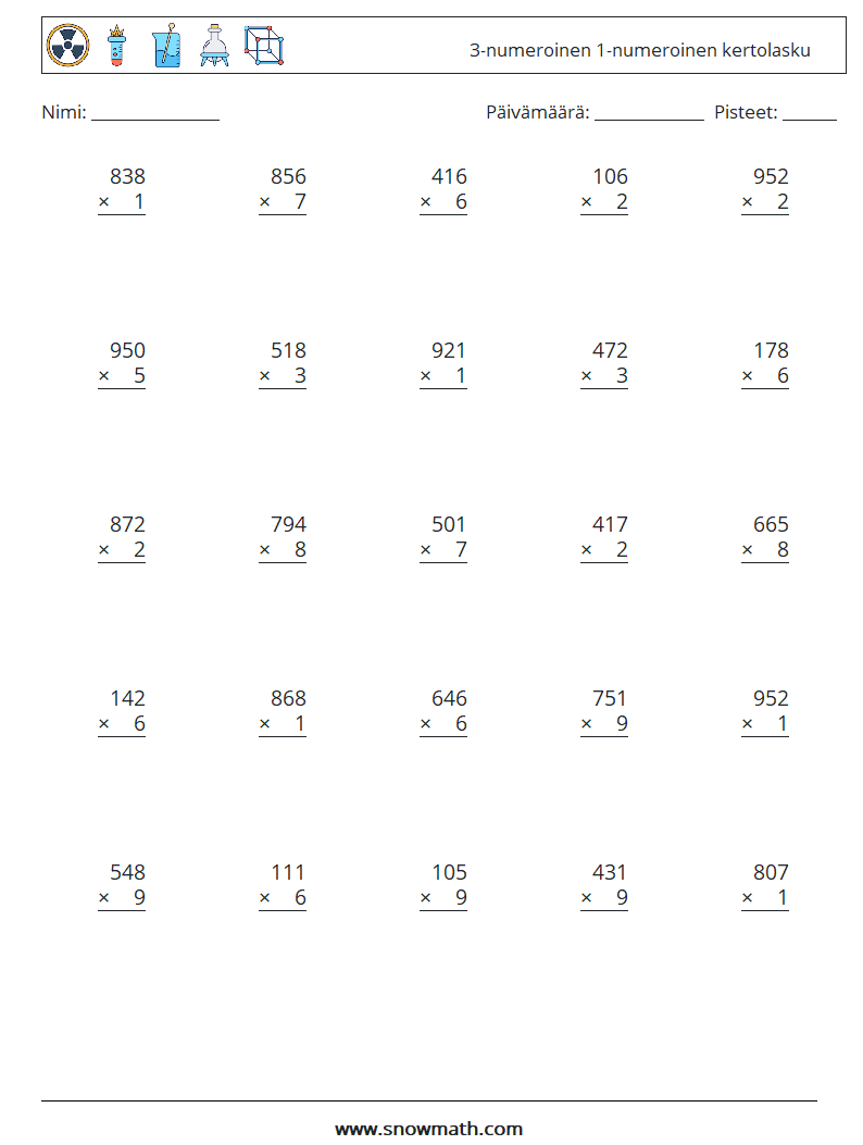 (25) 3-numeroinen 1-numeroinen kertolasku Matematiikan laskentataulukot 3