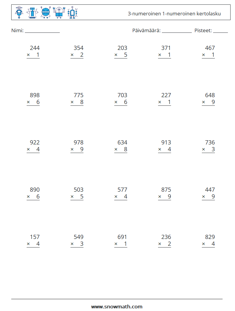 (25) 3-numeroinen 1-numeroinen kertolasku Matematiikan laskentataulukot 5