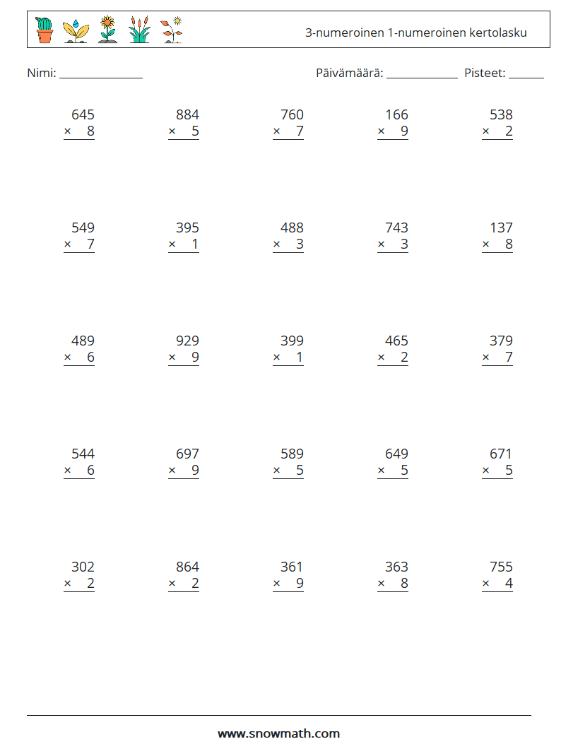 (25) 3-numeroinen 1-numeroinen kertolasku Matematiikan laskentataulukot 6