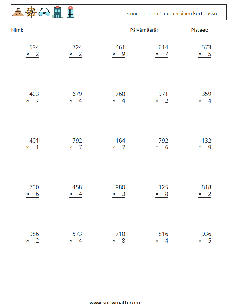 (25) 3-numeroinen 1-numeroinen kertolasku Matematiikan laskentataulukot 8