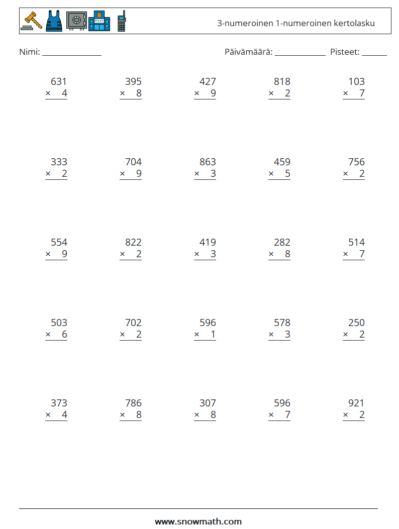 (25) 3-numeroinen 1-numeroinen kertolasku Matematiikan laskentataulukot 9