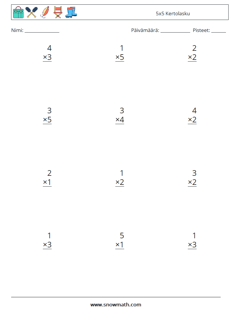 (12) 5x5 Kertolasku Matematiikan laskentataulukot 3