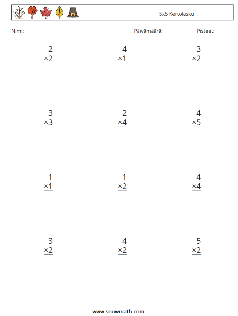 (12) 5x5 Kertolasku Matematiikan laskentataulukot 4