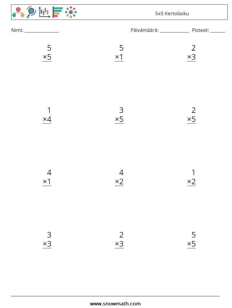 (12) 5x5 Kertolasku Matematiikan laskentataulukot 6