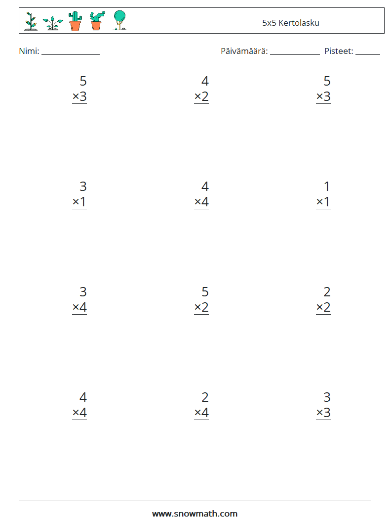 (12) 5x5 Kertolasku Matematiikan laskentataulukot 7