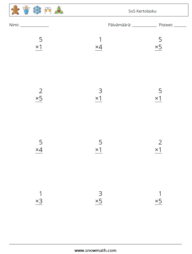(12) 5x5 Kertolasku Matematiikan laskentataulukot 8