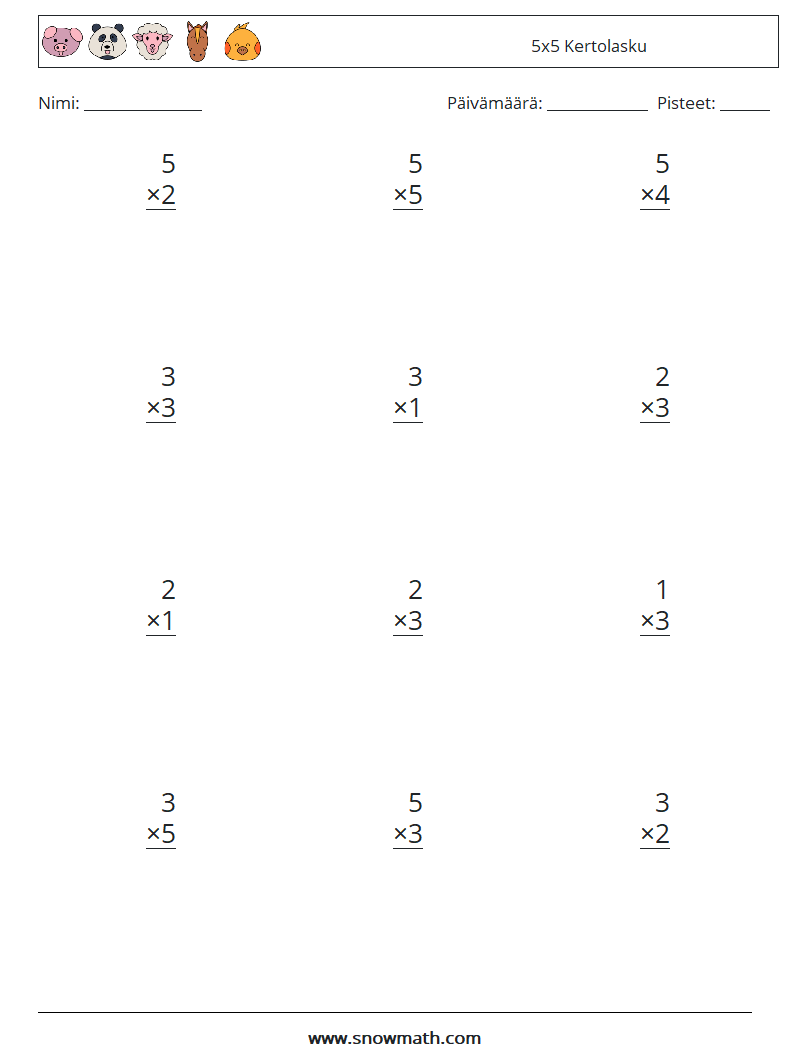 (12) 5x5 Kertolasku Matematiikan laskentataulukot 9