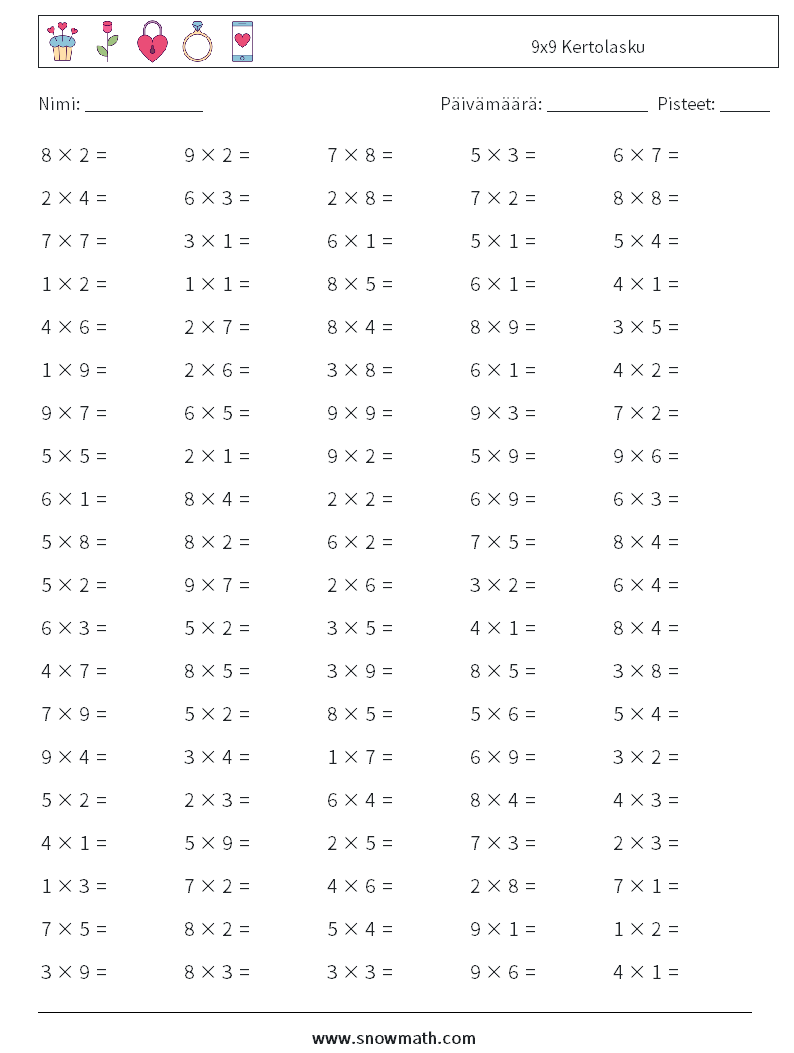 (100) 9x9 Kertolasku Matematiikan laskentataulukot 2