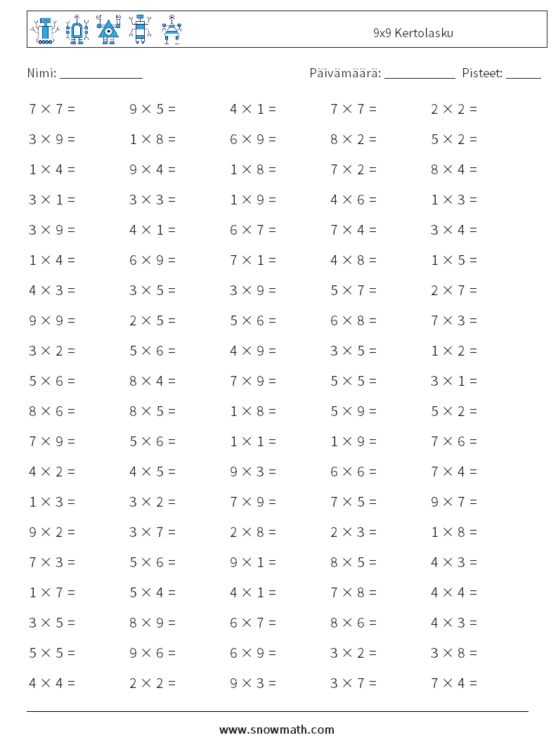 (100) 9x9 Kertolasku Matematiikan laskentataulukot 3