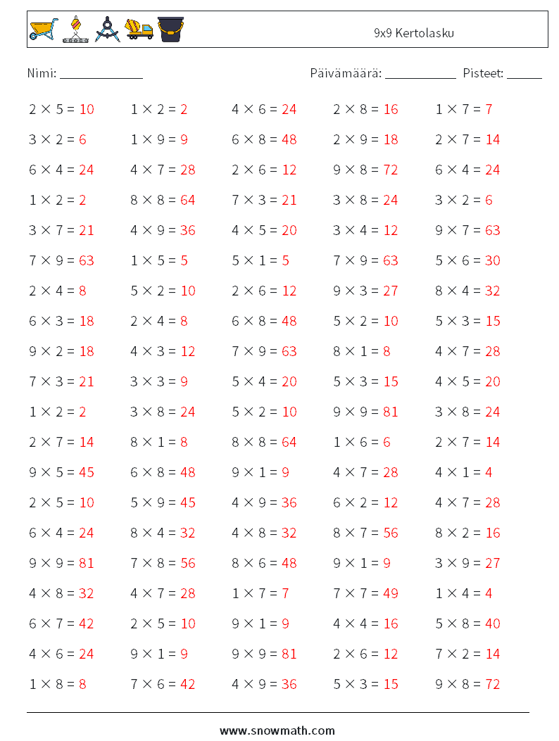 (100) 9x9 Kertolasku Matematiikan laskentataulukot 6 Kysymys, vastaus