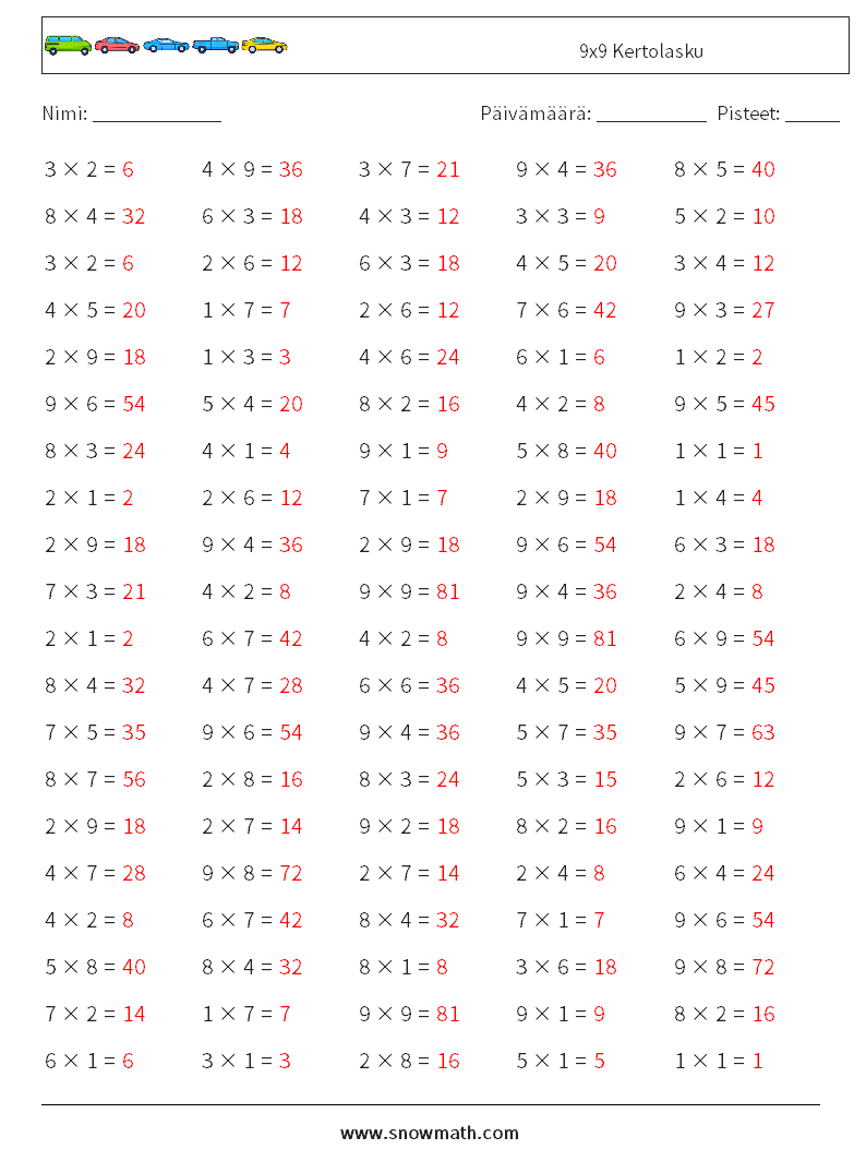 (100) 9x9 Kertolasku Matematiikan laskentataulukot 8 Kysymys, vastaus