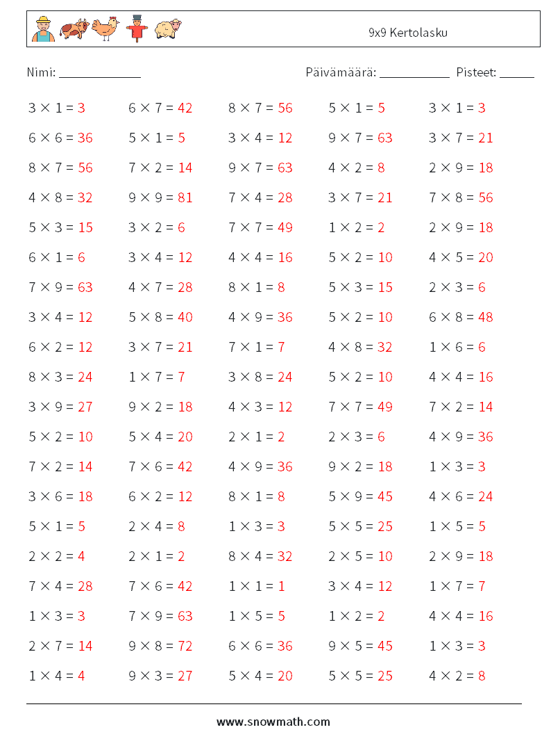 (100) 9x9 Kertolasku Matematiikan laskentataulukot 9 Kysymys, vastaus