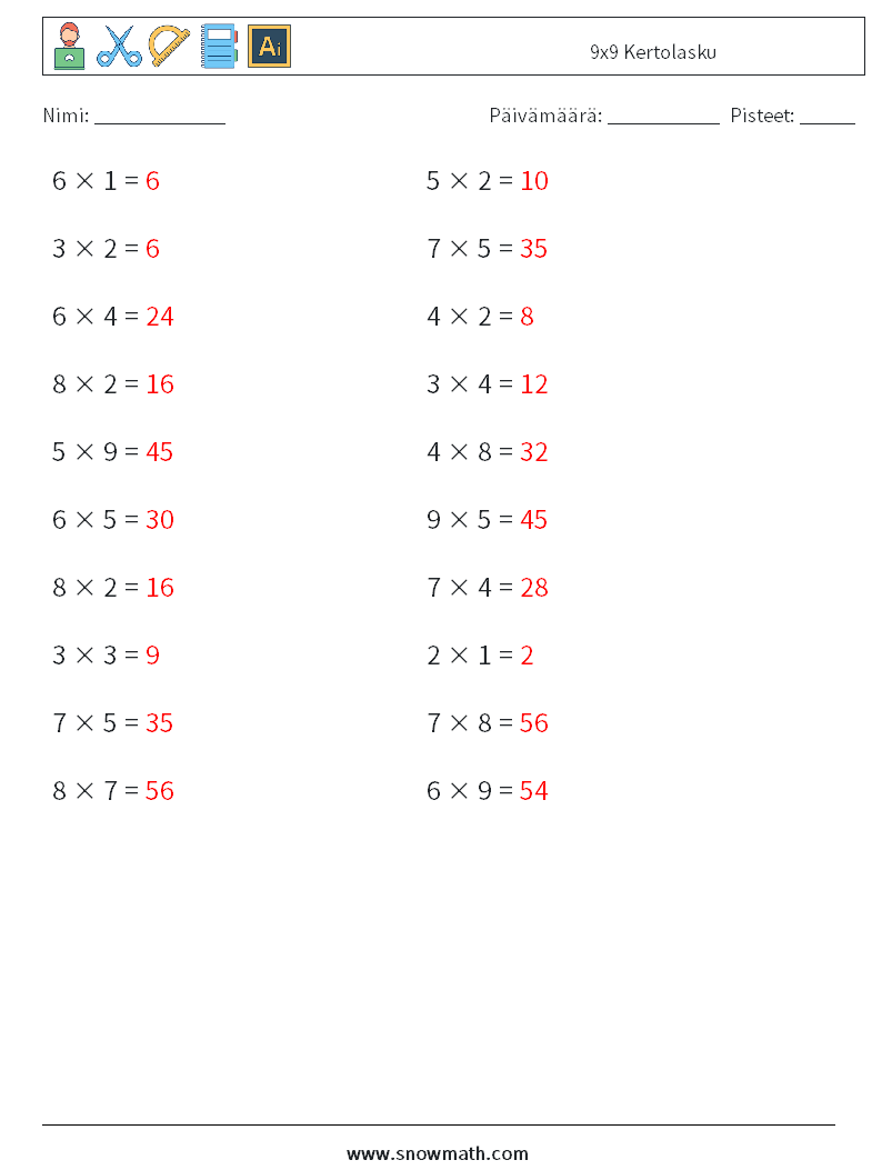 (20) 9x9 Kertolasku Matematiikan laskentataulukot 1 Kysymys, vastaus