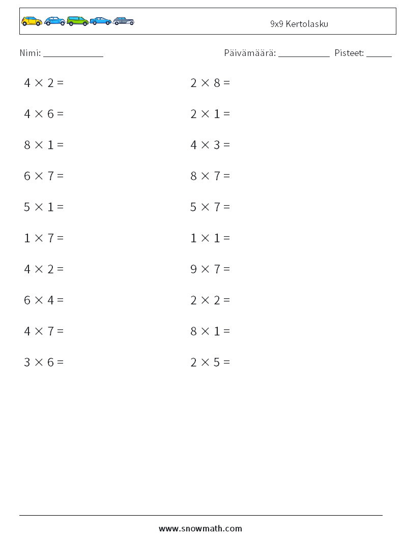 (20) 9x9 Kertolasku Matematiikan laskentataulukot 2