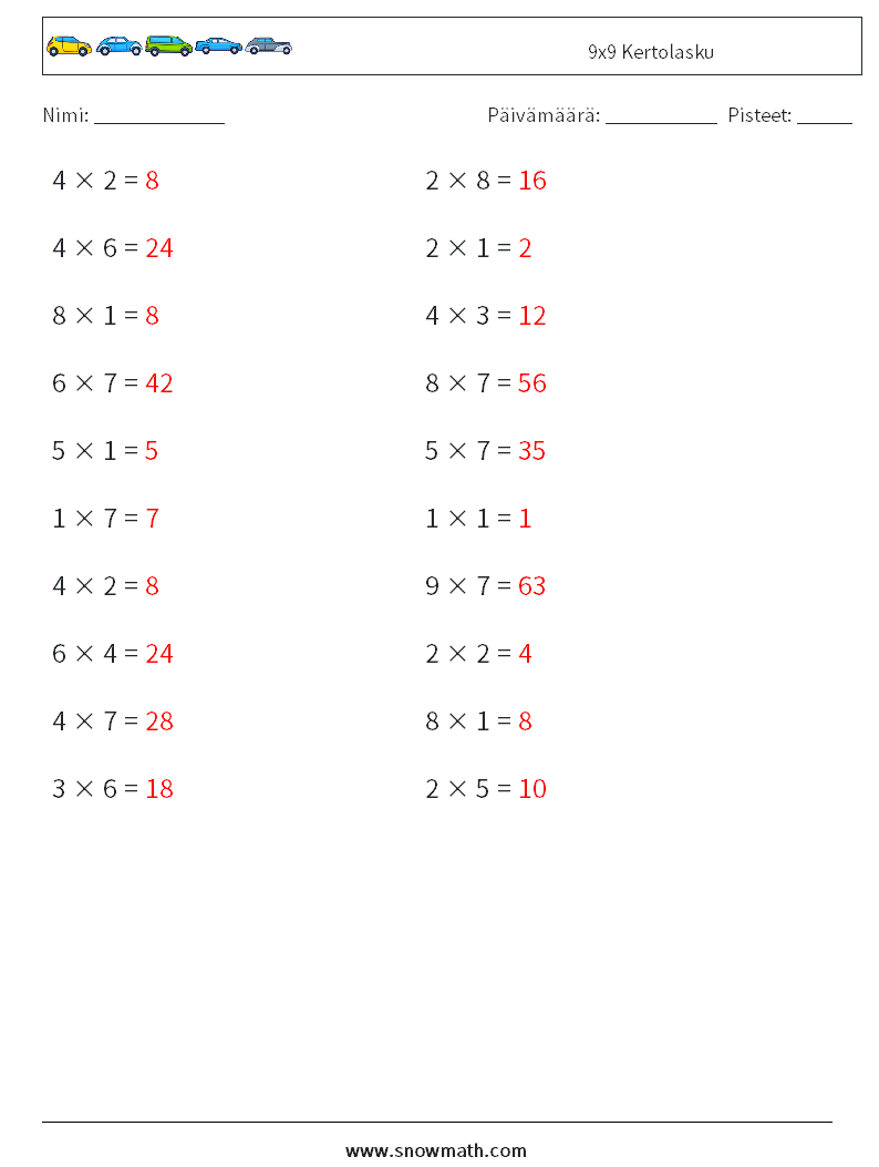 (20) 9x9 Kertolasku Matematiikan laskentataulukot 2 Kysymys, vastaus