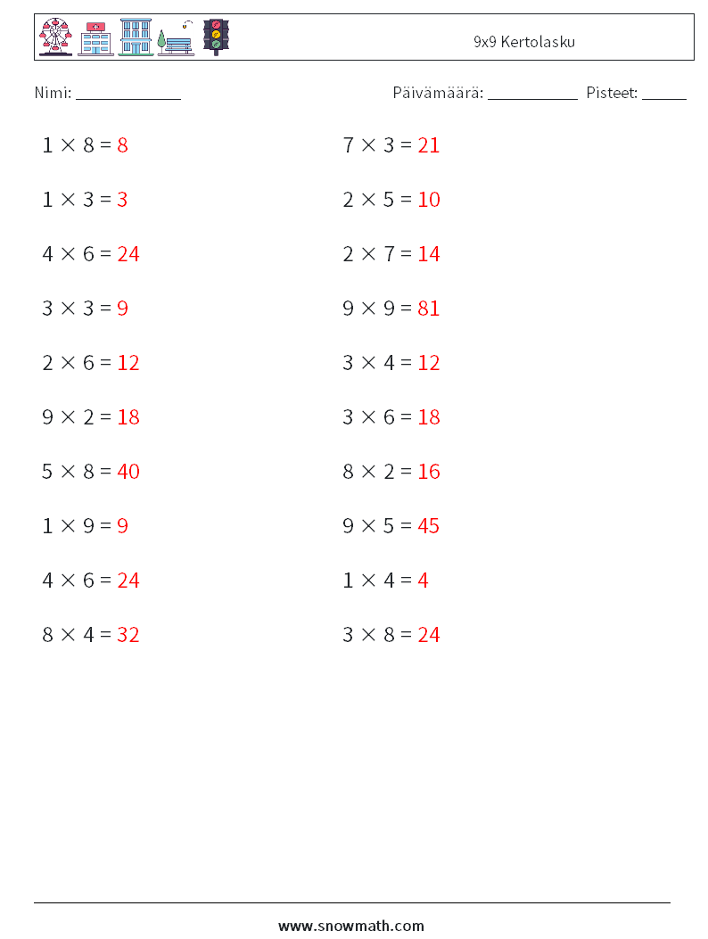 (20) 9x9 Kertolasku Matematiikan laskentataulukot 3 Kysymys, vastaus