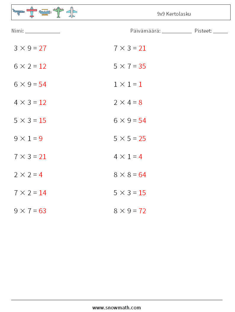 (20) 9x9 Kertolasku Matematiikan laskentataulukot 4 Kysymys, vastaus