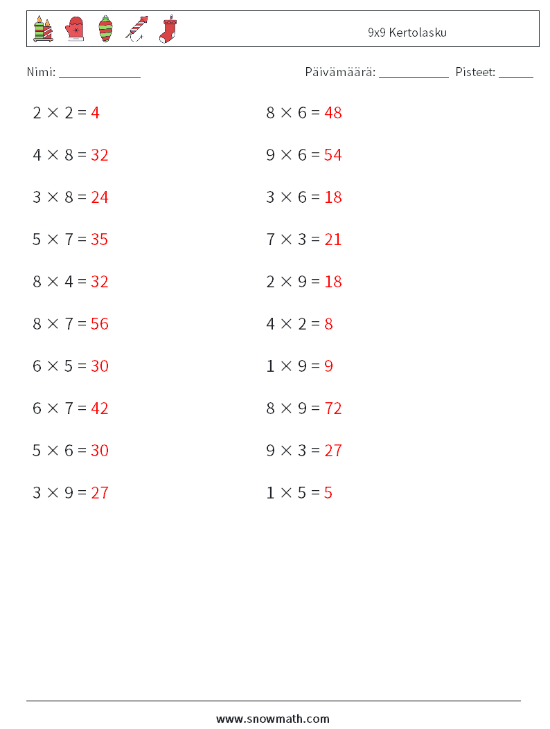 (20) 9x9 Kertolasku Matematiikan laskentataulukot 5 Kysymys, vastaus