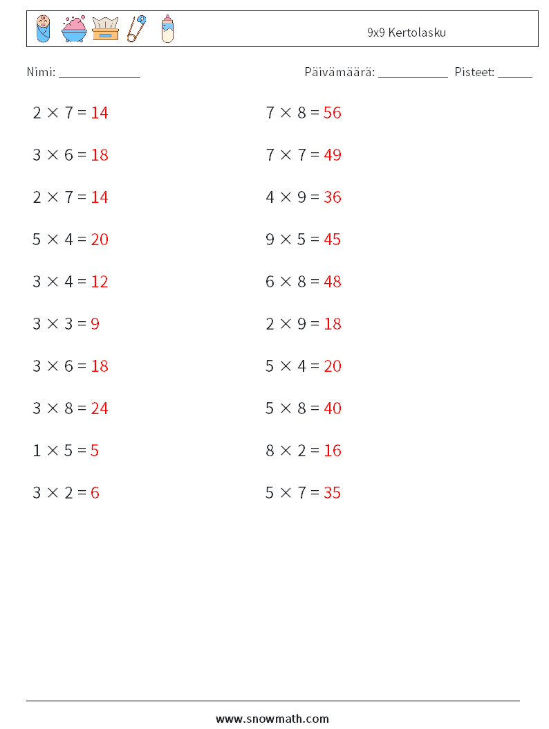 (20) 9x9 Kertolasku Matematiikan laskentataulukot 6 Kysymys, vastaus