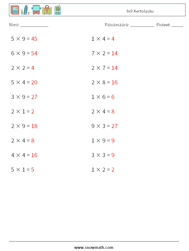(20) 9x9 Kertolasku Matematiikan laskentataulukot 7 Kysymys, vastaus