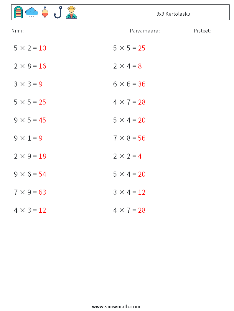(20) 9x9 Kertolasku Matematiikan laskentataulukot 8 Kysymys, vastaus