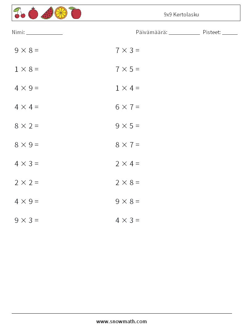 (20) 9x9 Kertolasku Matematiikan laskentataulukot 9