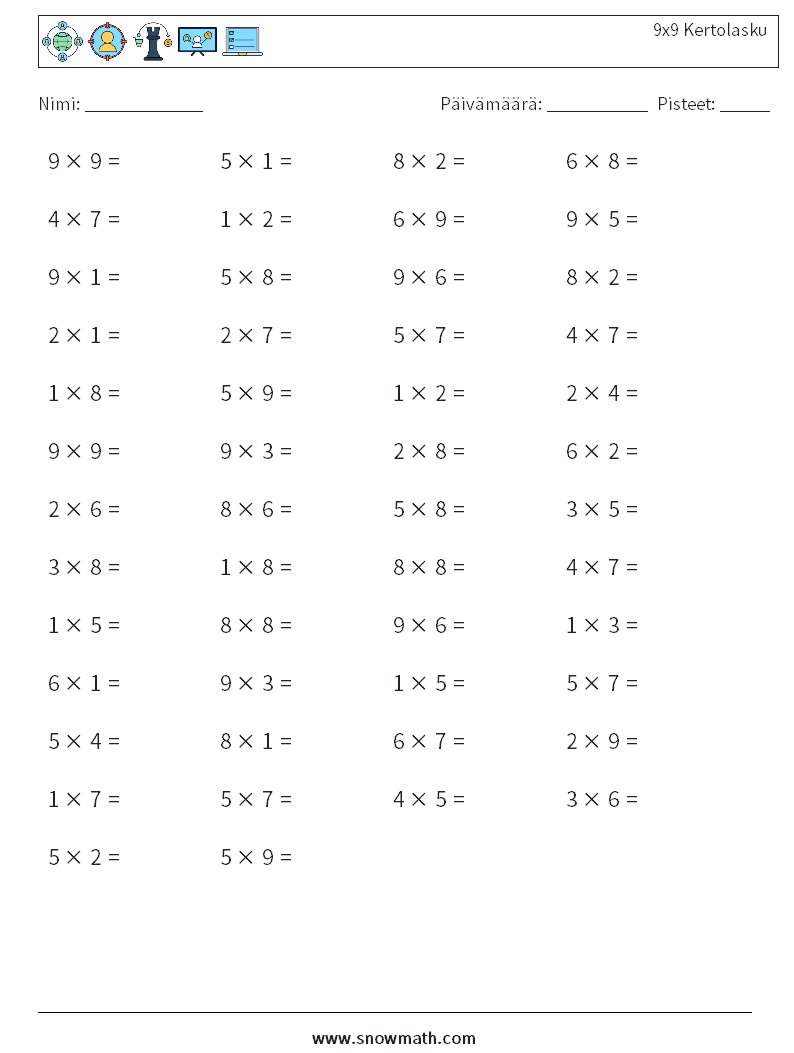 (50) 9x9 Kertolasku Matematiikan laskentataulukot 6