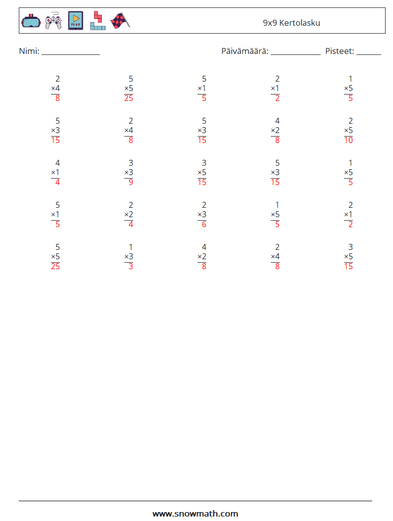 (25) 9x9 Kertolasku Matematiikan laskentataulukot 7 Kysymys, vastaus