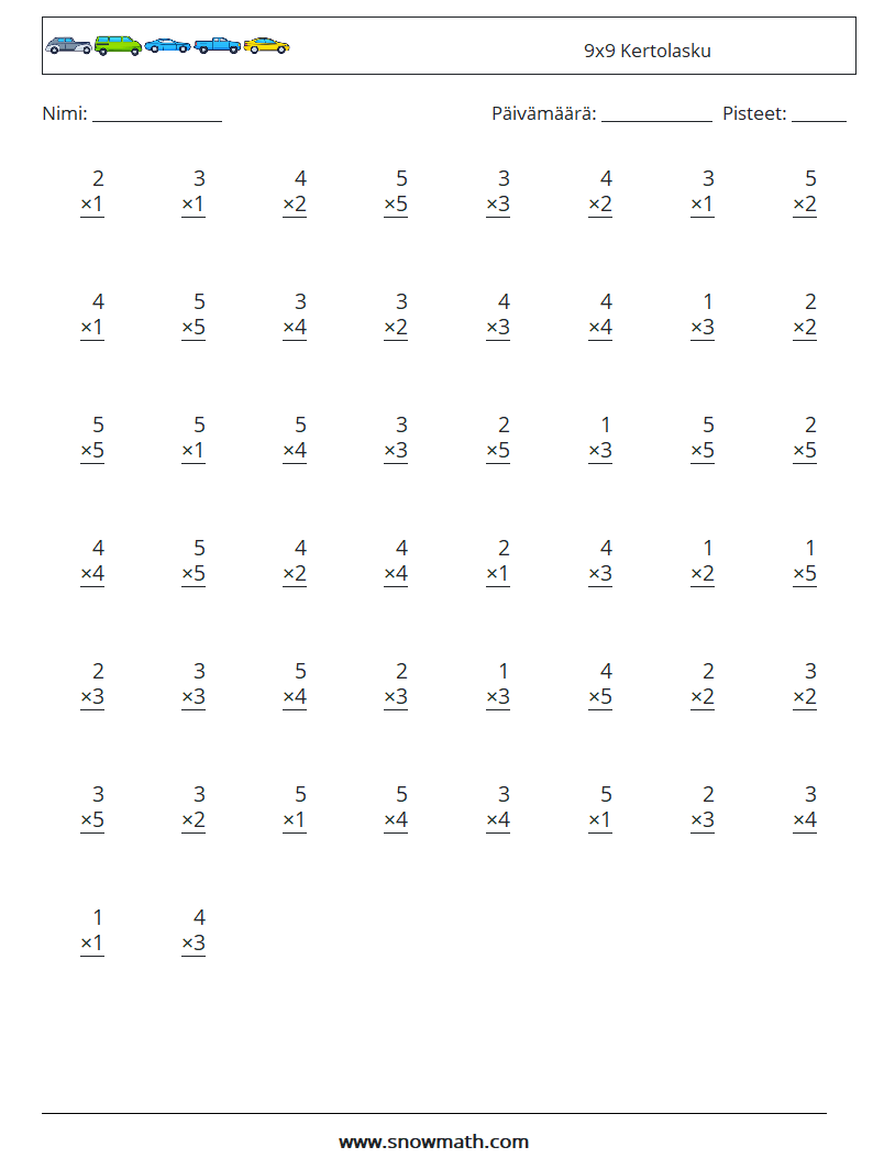 (50) 9x9 Kertolasku Matematiikan laskentataulukot 8