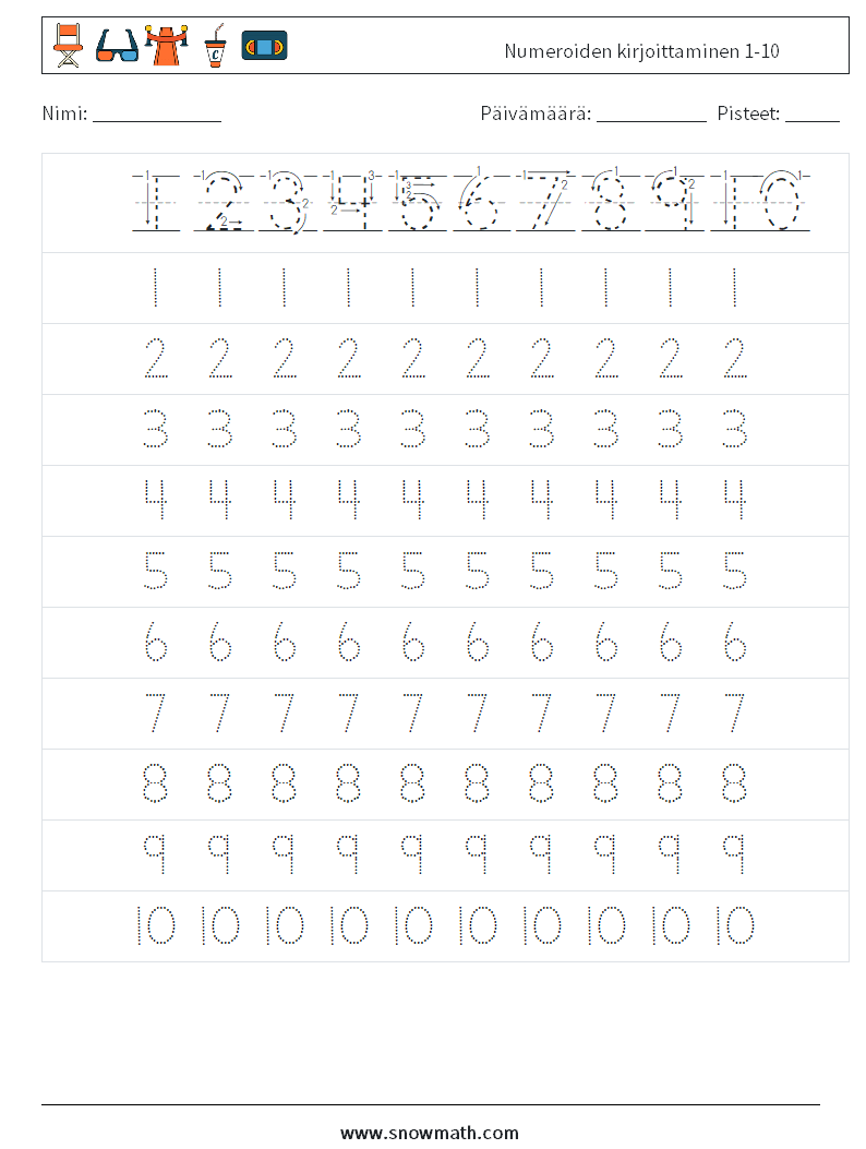 Numeroiden Kirjoittaminen 1 10 Matematiikan Laskentataulukot Numeroiden Kirjoittaminen 1 10 Matematiikan Laskentataulukot